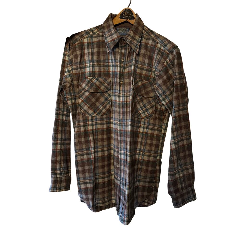 Pendleton Wool Board Shirt Men’s M Plaid Brown Blue 
60s–70s Made in USA